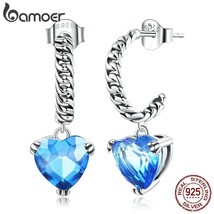 925 Sterling Silver Heart Chain Stud Earrings for Women Fine Jewelry Blue Stone  - £19.17 GBP