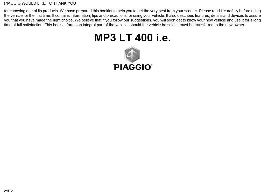 New Piaggio MP3 LT 400 ie Owners Manual. PRINTED BOOK. FREE SHIPPING - $34.90