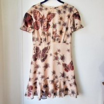 Beige Chiffon Ruffle Mini Dress sz Small S Butterfly Print Short Sleeves - £15.24 GBP