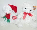 Cuddly Cousins plush white teddy bear lot 2 red bow Santa Claus hat scar... - $9.35