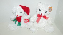 Cuddly Cousins plush white teddy bear lot 2 red bow Santa Claus hat scarf w/ tag - $9.35