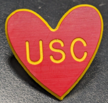 Vintage USC University Southern California Heart Plastic Red/Yellow Lapel Pin - £13.17 GBP