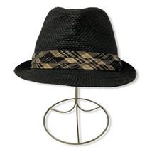 Black Straw Hat With Plaid Fabric Band - £10.30 GBP