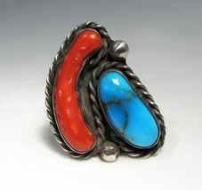 Estate Large Vintage Sterling Silver Turquoise &amp; Coral Ring Sz 6 C1693 - £115.51 GBP