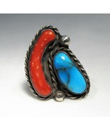 Estate Large Vintage Sterling Silver Turquoise &amp; Coral Ring Sz 6 C1693 - £113.83 GBP