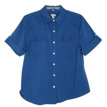 Chico&#39;s Womens Blouse Size 2 Short Sleeve Button Front Collared Pockets Blue - £10.17 GBP