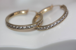 Fine 14K Yellow Gold Channel Set Clear Stone Hoop Earrings 30mm 6.7 Grams - $550.00