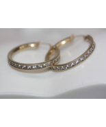 Fine 14K Yellow Gold Channel Set Clear Stone Hoop Earrings 30mm 6.7 Grams - $10,106.39 MXN