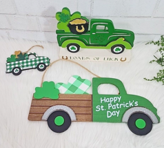 St Patricks Day Green Trucks Block Wood Irish Sign Wall Hanging Decor 3 ... - $18.69