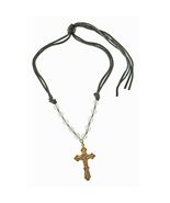 Brass Baroque Scroll Style Cross on Crystal and Black Leather Tie Necklace - $360.13 MXN