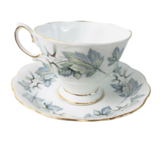 ROYAL ALBERT Silver Maple Bone China Teacup Saucer Ribbed Scallop Gold T... - $26.90