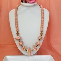 Pink Coco Wood Tribal Statement Necklace Beige Ethnic Natural Choker BOHO - $18.95
