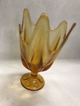 Vintage Amber glass compote ribbed wavy pedestal Mid Century Modern dish - £30.17 GBP