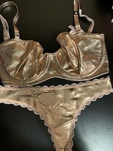 Victoria&#39;s Secret unlined 30B,30C BRA SET XXS thong GOLD foil faux leather Lace - £71.56 GBP