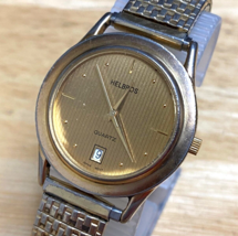 Vintage Helbros Mens Gold Tone Stretch Band Analog Quartz Watch~Date~New Battery - £25.80 GBP