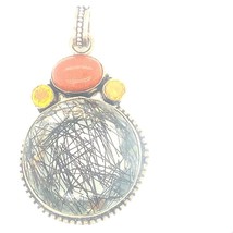 Vintage Hallmarked 925 Rutilated Quartz Multi Stone Cabochon Statement Pendant - £75.17 GBP