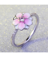 Genuine S925 Sterling Silver Pink Daisy Cherry Blossom Ring - $33.94 CAD