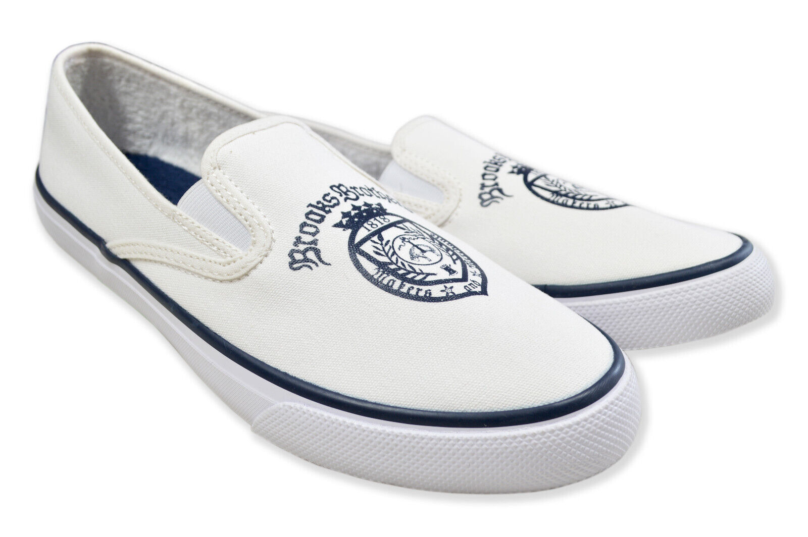Primary image for Brooks Brothers Sperry White & Navy Crest Canvas Slip On Sneakers, 10 M 8414-9