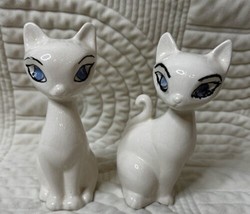 Vintage Mid Century White Cat Ceramic Figurines Kittens Blue Eyes - $43.49