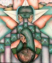 American Native Tribal Art Amado Maurilio Pena Large Tile &quot;Los Dos Fiestas&quot; - £109.54 GBP