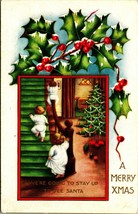 Kids Playing on Staircase Stay up to See Santa Christmas Unused DB Postc... - $10.84