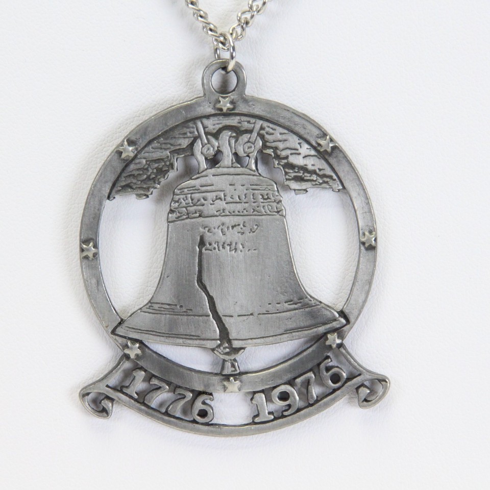 Bicentennial Liberty Bell Pendant Pewter Tone 1776 1976 Chain 24&quot; Medall... - $12.73