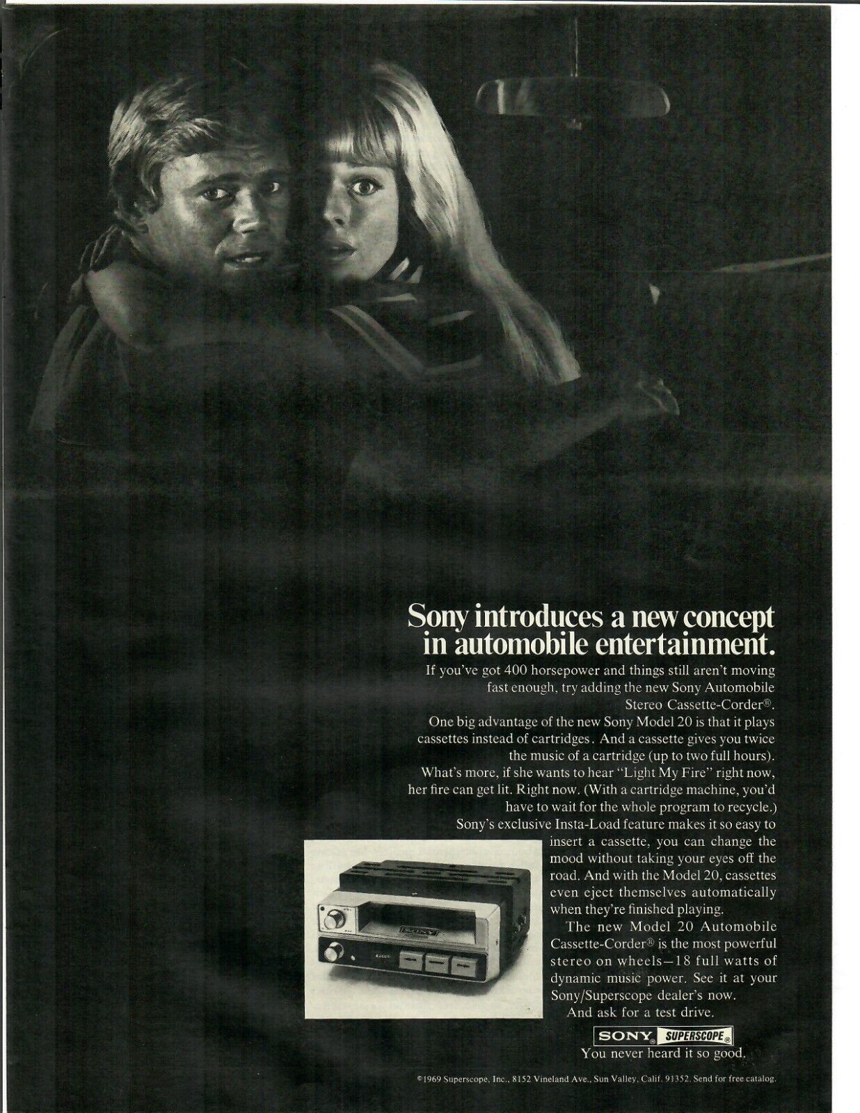 1969 Sony Car Stereo Vintage Print Ad A New Concept In Automobile Entertainment - $12.55