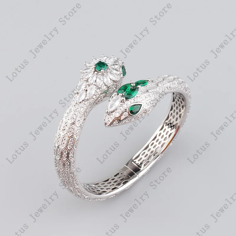 Silver Color Exaggerated Personality Green Diamond Double-head Snake -shape Brac - £107.17 GBP