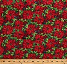 Cotton Poinsettias Flowers Holly Holidays Christmas Fabric Print by Yard D401.66 - £23.59 GBP