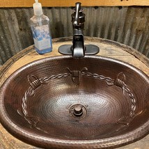 19&quot; Oval Copper Bathroom Sink with BARBED WIRE Design, Drain Included - $199.95