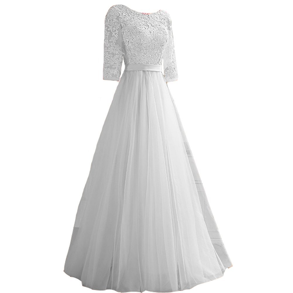 Kivary Vintage Sheer 1/2 Sleeves Tulle A Line Sash Long Prom Evening Dresses Sil
