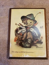 Wood Wall Art Plaque German Hummel Paper On Wood Child with Bunnies Rabbits - $12.86