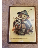 Wood Wall Art Plaque German Hummel Paper On Wood Child with Bunnies Rabbits - £10.27 GBP