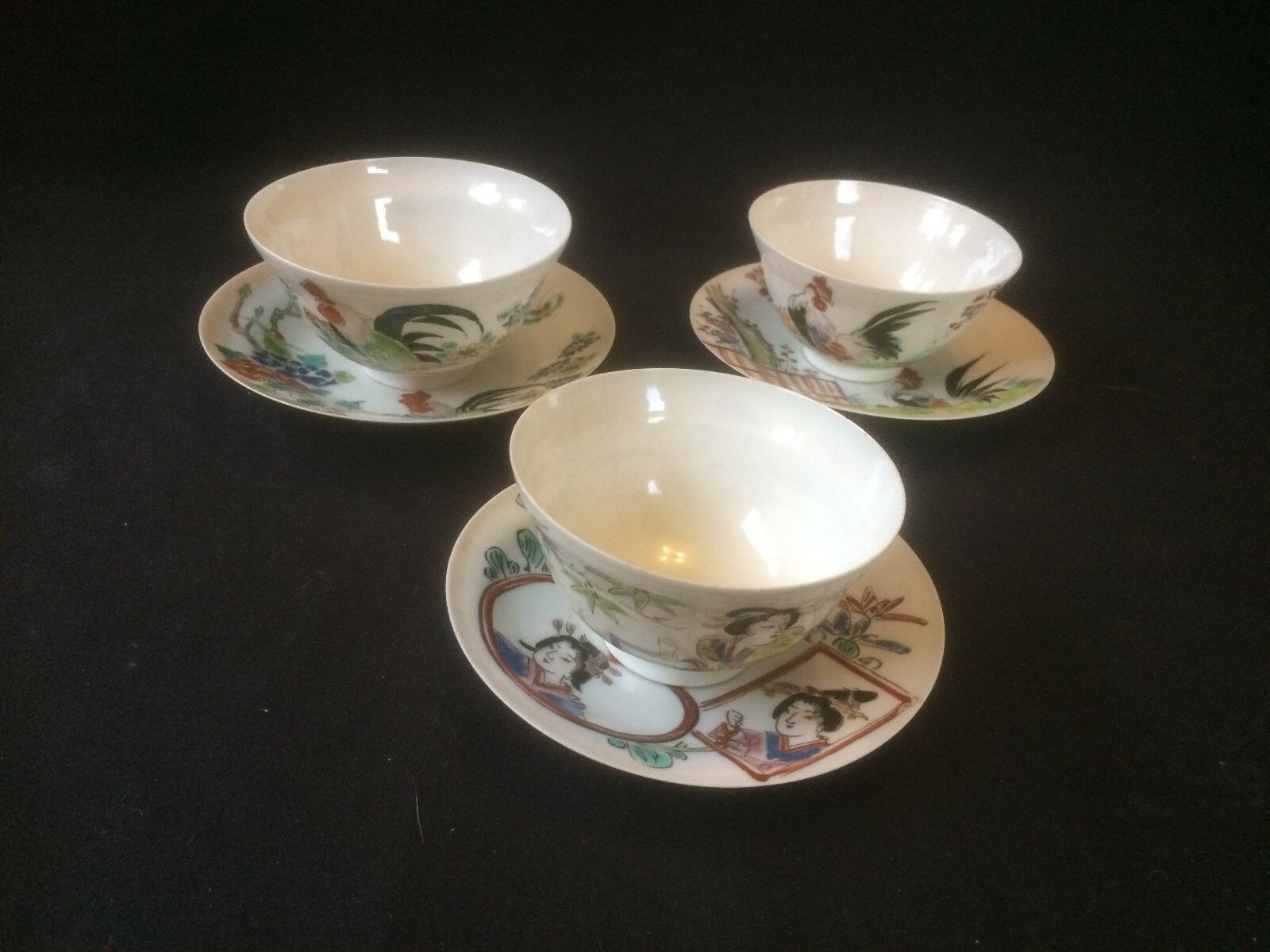Antique chinese tea cups and saucers. Beautiful decorated and marked cha... - $149.10