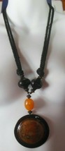 Vintage Glass/Plastic Bead Large Pendant  Black Twisted Rope Cord Necklace - $44.55