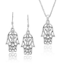 Mystical Filigree Sterling Silver Hamsa Hand Good Luck Earrings Necklace Set - £17.36 GBP