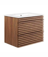 24” Mid-Century Wall-Mount Bathroom Vanity Walnut Laminate White Sink - $5,706.15 MXN