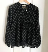 New Hollister Women Geo Floral Black Long Sleeve Lace Up Neck Sheer Blou... - £23.18 GBP