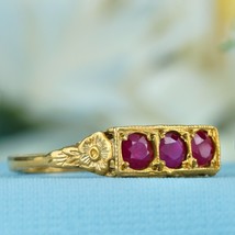 Natural Ruby Art Deco Style Three Stone Filigree Ring in Solid 9K Yellow Gold - £441.00 GBP