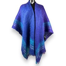 Vtg Royal Scot Mohair &amp; Wool Wrap Cape Shawl Royal Blue Purple Teal Stripes - £68.92 GBP