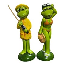 Norcrest Anthropomorphic Green Frog Figurine Fisherman And Female In Bikini - $24.99