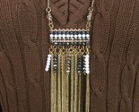 Gold Chain Fringe Tassel Necklace Fauceted Crystal White blue bead 28&quot; L... - $16.82
