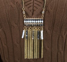 Gold Chain Fringe Tassel Necklace Fauceted Crystal White blue bead 28&quot; Long Boho - £13.28 GBP