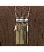 Gold Chain Fringe Tassel Necklace Fauceted Crystal White blue bead 28&quot; L... - £13.32 GBP