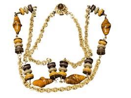 Vintage Miriam Haskell Necklace 32&quot; gold tone with natural stones - £128.45 GBP