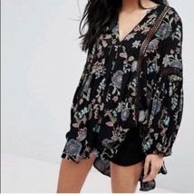 Free People Womens XS Just The Two Of Us Black Boho Tunic Peasant Floral Top - £27.57 GBP