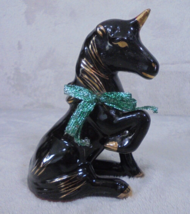 Vintage Unicorn with Green Bow Ceramic Figurine Black Gold Trim 5&quot; Tall MCM - $14.80