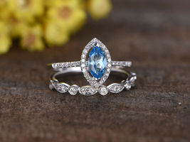 1.58Ct Marquise Cut Blue Topaz &amp; Diamond Wedding Ring Set 14k White Gold Finish  - £74.97 GBP