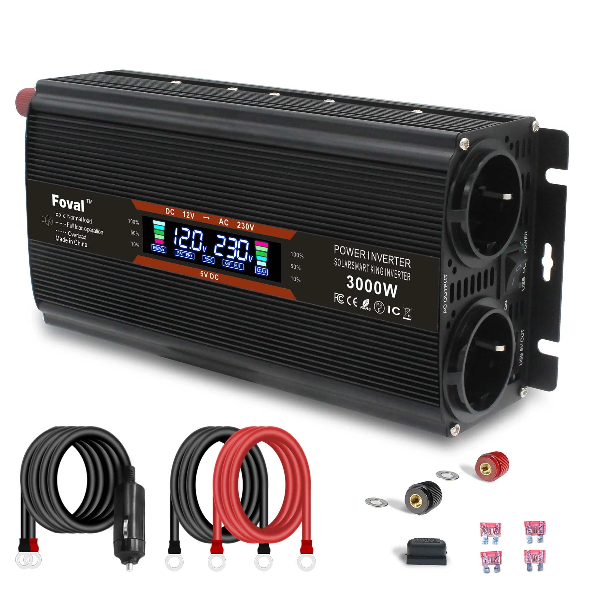 3000W Replaceable Fuse Inverter DC 12V/24V to AC 220V 230V LCD Voltage Display - £103.99 GBP+