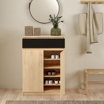 Oak &amp; Black Finish Rectangular Shoe Storage Cabinet Unit With 2 Doors 1 ... - $301.37